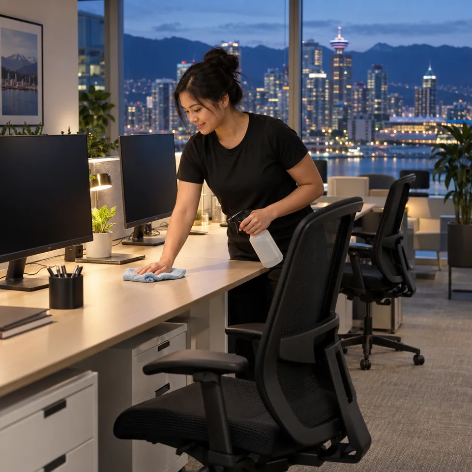Cleaner sanitizing an office desk after hours